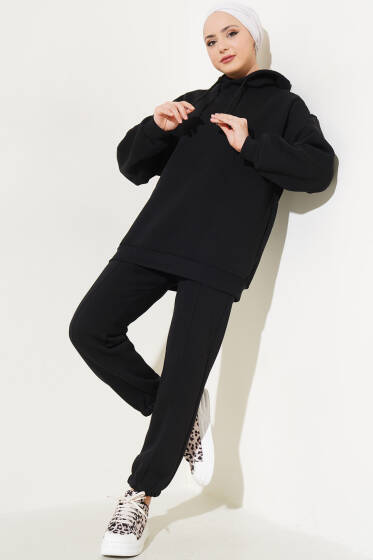 Şardonlu Kapüşonlu Model İkili Takım Siyah - İkili Takım