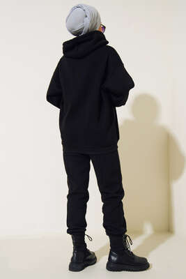 Şardonlu Kapüşonlu Model İkili Takım Siyah - Thumbnail