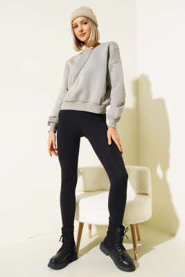 Şardonlu Kısa Sweatshirt Gri - Kadın Giyim Modelleri