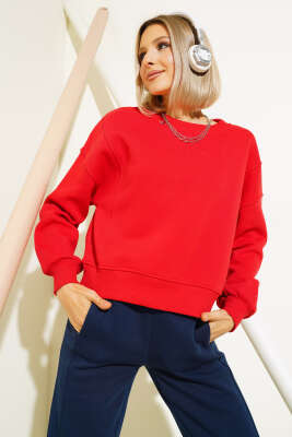 Şardonlu Kısa Sweatshirt Kırmızı - Kadın Giyim Modelleri