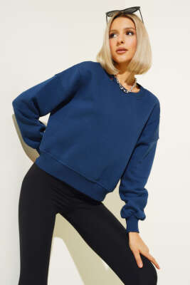 Şardonlu Kısa Sweatshirt Lacivert - Kadın Giyim Modelleri