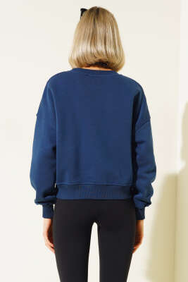 Şardonlu Kısa Sweatshirt Lacivert - Kadın Giyim Modelleri