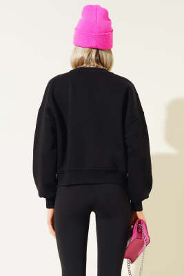 Şardonlu Kısa Sweatshirt Siyah - Kadın Giyim Modelleri