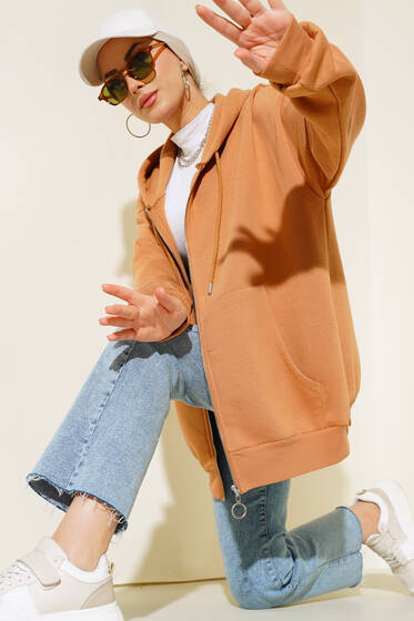 Şardonlu Oversize Hırka Camel - Hırka