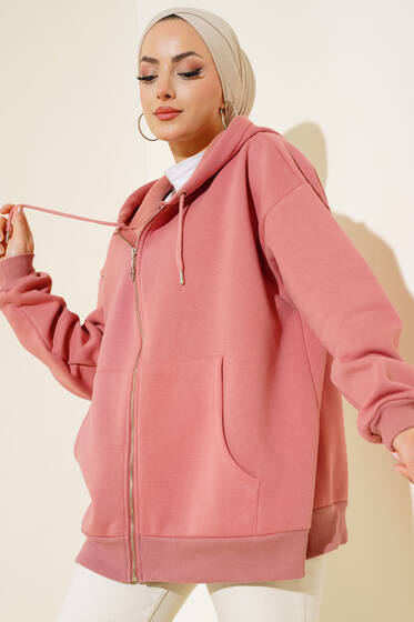 Şardonlu Oversize Hırka Gül Kurusu - Hırka