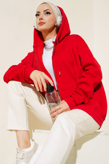 Şardonlu Oversize Hırka Kırmızı - Hırka