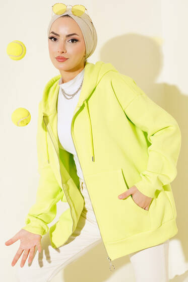 Şardonlu Oversize Hırka Neon Yeşili - Hırka