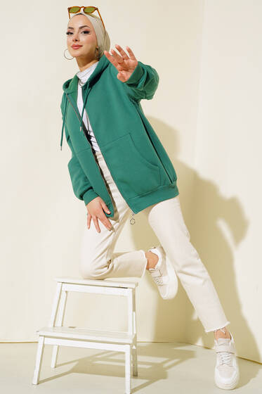 Şardonlu Oversize Hırka Zümrüt - Hırka