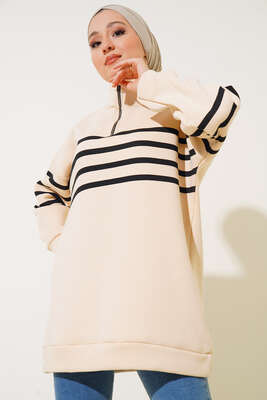 Şardonlu Şerit Çizgili Sweatshirt Bej 