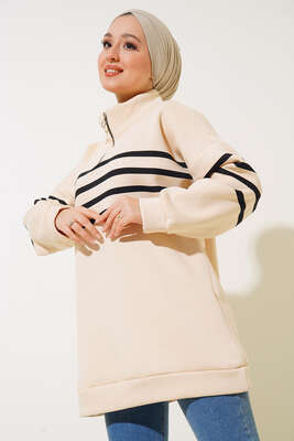 Şardonlu Şerit Çizgili Sweatshirt Bej - Tunik