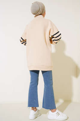 Şardonlu Şerit Çizgili Sweatshirt Bej - Tunik