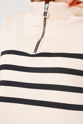 Şardonlu Şerit Çizgili Sweatshirt Bej - Tunik