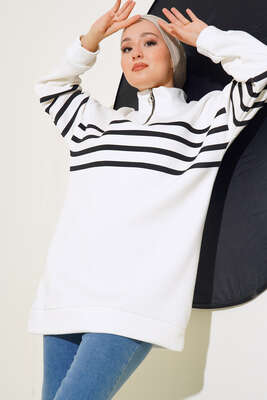 Şardonlu Şerit Çizgili Sweatshirt Ekru 