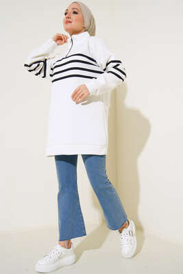 Şardonlu Şerit Çizgili Sweatshirt Ekru - Tunik