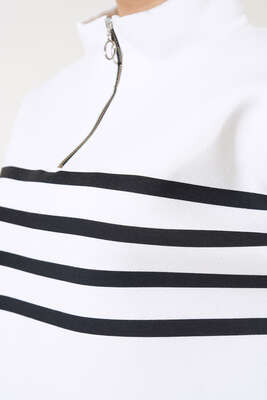 Şardonlu Şerit Çizgili Sweatshirt Ekru - Tunik