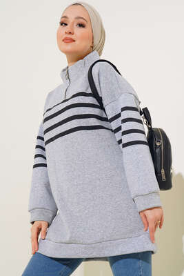 Şardonlu Şerit Çizgili Sweatshirt Gri - NEVA MODA
