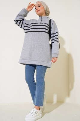 Şardonlu Şerit Çizgili Sweatshirt Gri - Tunik