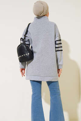 Şardonlu Şerit Çizgili Sweatshirt Gri - Tunik