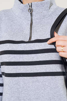 Şardonlu Şerit Çizgili Sweatshirt Gri - Tunik