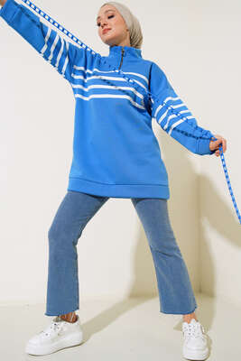 Şardonlu Şerit Çizgili Sweatshirt İndigo 