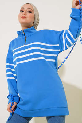 Şardonlu Şerit Çizgili Sweatshirt İndigo - Tunik