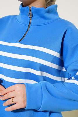 Şardonlu Şerit Çizgili Sweatshirt İndigo - Tunik