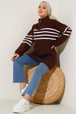 Şardonlu Şerit Çizgili Sweatshirt Kahve 