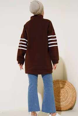 Şardonlu Şerit Çizgili Sweatshirt Kahve - Tunik
