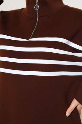 Şardonlu Şerit Çizgili Sweatshirt Kahve - Tunik