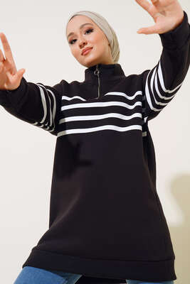 Şardonlu Şerit Çizgili Sweatshirt Siyah 
