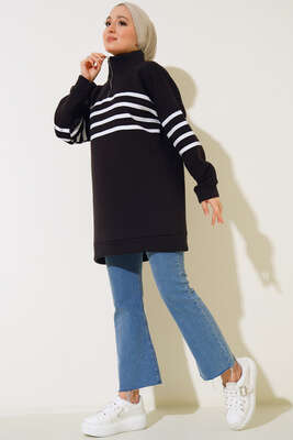 Şardonlu Şerit Çizgili Sweatshirt Siyah - Tunik
