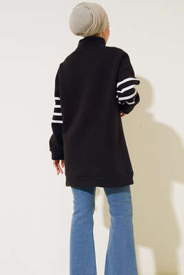 Şardonlu Şerit Çizgili Sweatshirt Siyah - Tunik