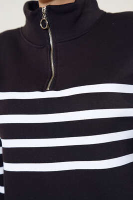 Şardonlu Şerit Çizgili Sweatshirt Siyah - Tunik