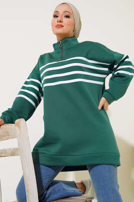Şardonlu Şerit Çizgili Sweatshirt Zümrüt Yeşili 