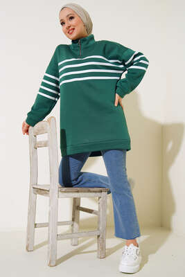 Şardonlu Şerit Çizgili Sweatshirt Zümrüt Yeşili - Tunik