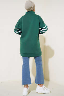Şardonlu Şerit Çizgili Sweatshirt Zümrüt Yeşili - Tunik