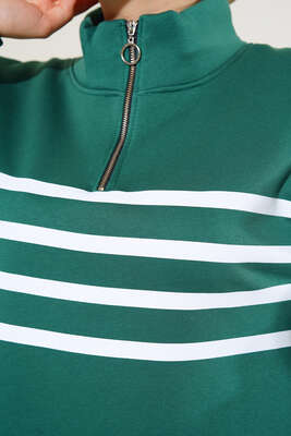 Şardonlu Şerit Çizgili Sweatshirt Zümrüt Yeşili - Tunik
