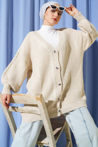 Sarmal Desen Detaylı Triko Hırka Bej - Hırka