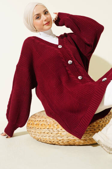 Sarmal Desen Detaylı Triko Hırka Bordo - Hırka