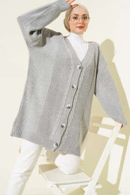 Sarmal Desen Detaylı Triko Hırka Gri - KILIÇ TRİKO