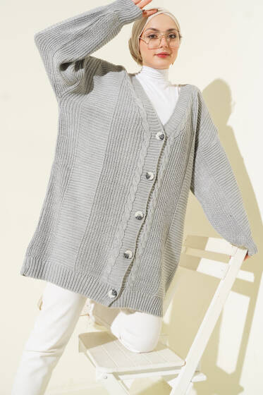 Sarmal Desen Detaylı Triko Hırka Gri - Hırka