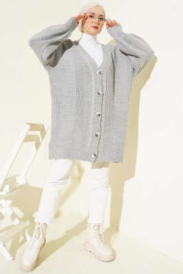 Sarmal Desen Detaylı Triko Hırka Gri - Hırka