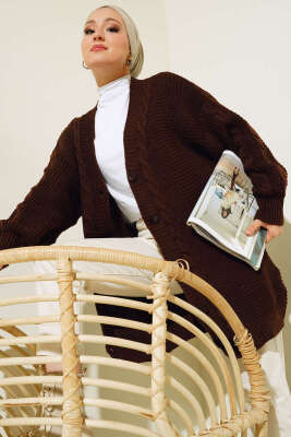 Sarmal Desen Detaylı Triko Hırka Kahve - KILIÇ TRİKO