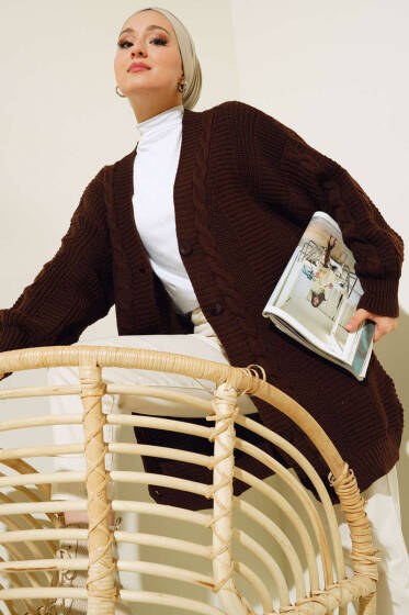 Sarmal Desen Detaylı Triko Hırka Kahve - Hırka