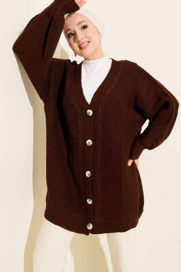 Sarmal Desen Detaylı Triko Hırka Kahve - Hırka