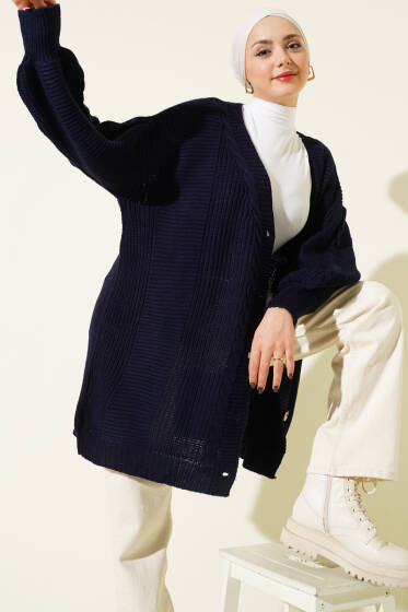 Sarmal Desen Detaylı Triko Hırka Lacivert - Hırka