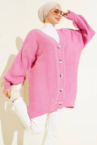 Sarmal Desen Detaylı Triko Hırka Pembe - Hırka