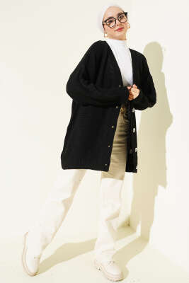 Sarmal Desen Detaylı Triko Hırka Siyah - Hırka