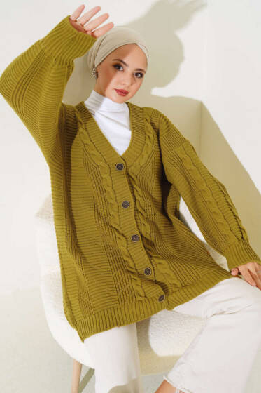 Sarmal Desen Detaylı Triko Hırka Yağ Yeşili - Hırka