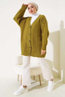 Sarmal Desen Detaylı Triko Hırka Yağ Yeşili - Hırka